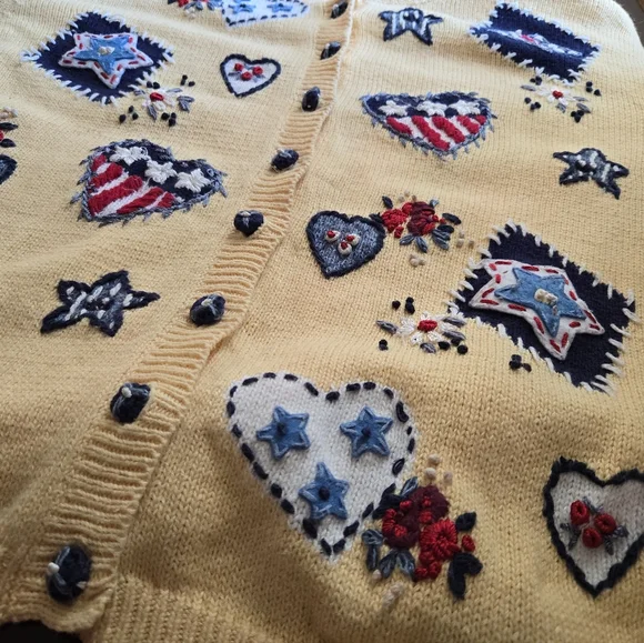 VTG Heirloom Collectibles Patriotic Americana Cardigan XL Yellow Embroidered - Picture 10 of 10